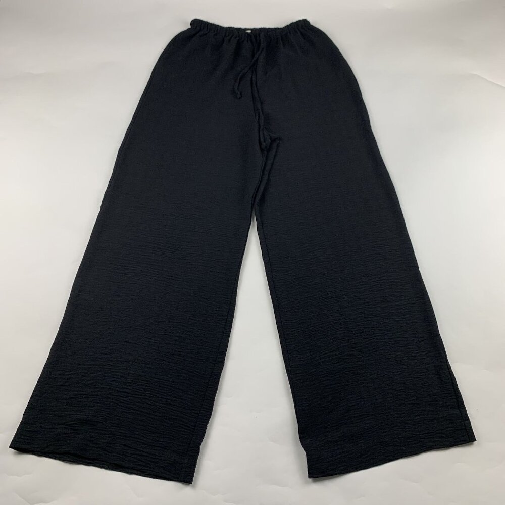 Solai Black Textured Crepe Pull On Wide Leg Pant M